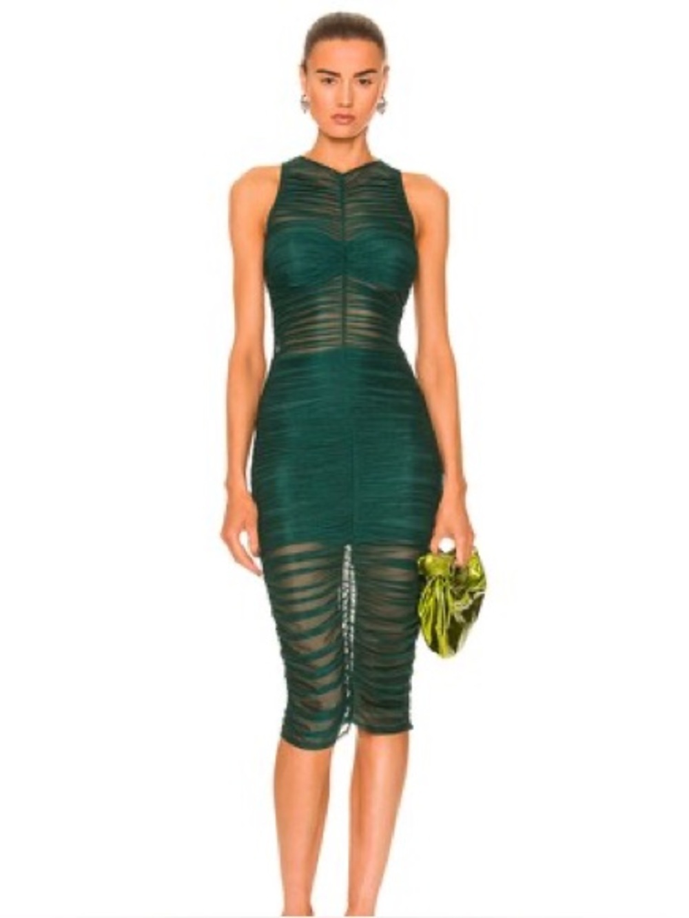 NEW FLEUR DU MAL Ruched Front High Neck Green Sheer Paneled Bodycon Dress Large